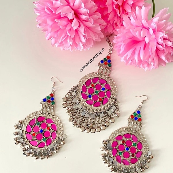 Afghan oversized full pink tikka and earrings set, Afghan jewellery, Afghan Fashion