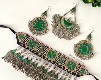Full Green Afghan jewellery set, Afghan Jewellery Vintage Kuchi Choker Necklace, Afghan Jewellery, Afghan Fashion