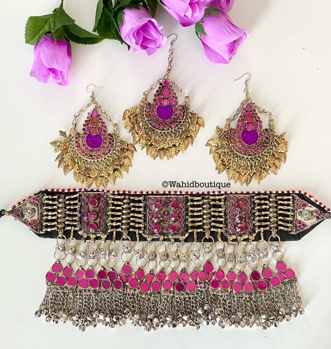 アフガニスタンのフルピンク/パープルアンティークジュエリーセット