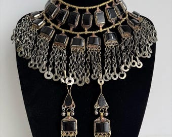 Conjunto completo de joias afegãs pretas, conjunto de joias afegãs, colar choker afegão, tiara, brincos, joias Kuchi, conjunto de joias afegãs, brincos afegãos.