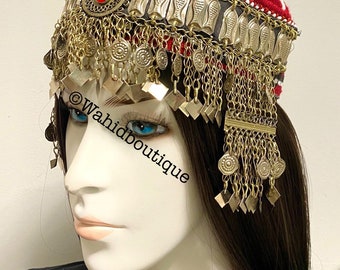 Afghan Vintage, hazara, antique Face framing jewellery hat, Afghan jewellery, kuchi jewellery, Afghan Fashion