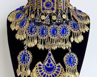 Blue Afghan 3 piece vintage jewellery set Afghan jewellery Vintage Kuchi Choker Necklace earrings headpiece Kuchi Jewelry Afghan Jewelry