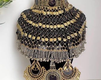 Vintage Kuchi Jewelry Set, Afghan Necklace Earrings Tikka, Black Antique Set