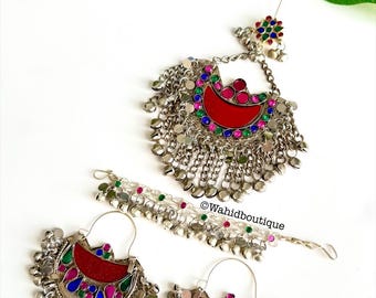 Afghan Red vintage jewellery set (nose piercing not required), tikka, earrings, nose chain, kuchi jewellery, Afghan jewellery set