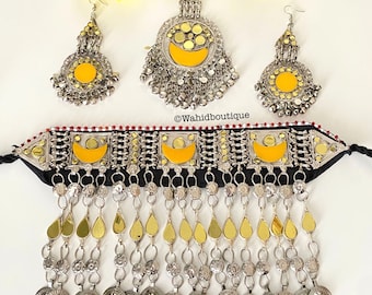 Conjunto de tres piezas de joyería vintage afgana amarilla, joyería afgana, moda afgana, joyería Kuchi