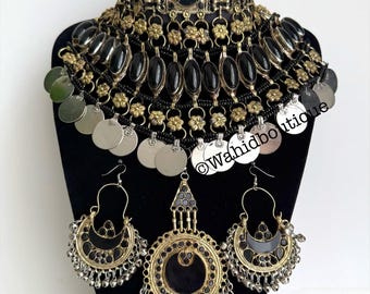 Afghan Black 3 piece antique jewellery set, Afghan jewellery, Afghan Fashion, Afghan earrings, Afghan necklace, Afghan jewellery set