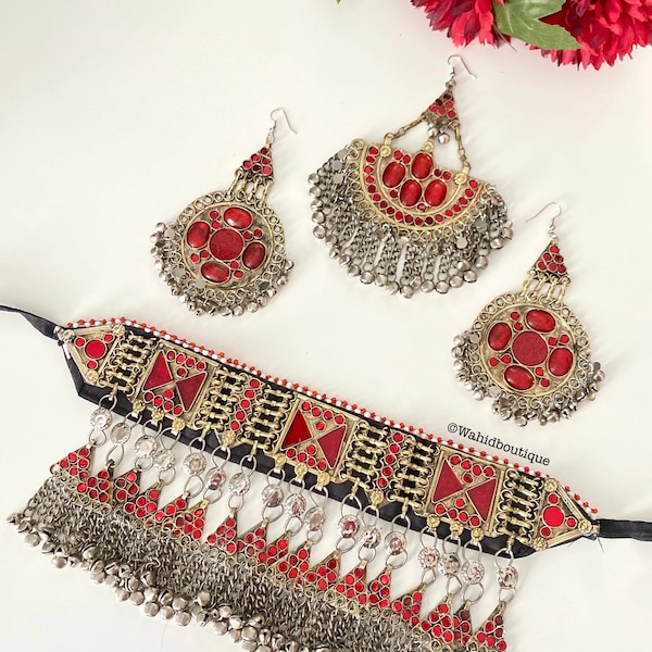 Voll roter afghanischer Schmuckset, Afghan Jewellery Vintage Kuchi Choker Halskette, afghanischer Schmuck, Afghan Fashion