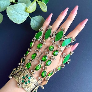 Afghan Handmade Green Bangle Cuff Bracelet With finger Rings Afghan Jewellery afghani Jewelry afghani handpiece jewel Afghan Handpiece