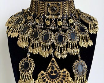 Black Afghan 3 piece vintage jewellery set Afghan jewellery Vintage Kuchi Choker Necklace earrings headpiece Kuchi Jewelry Afghan Jewelry