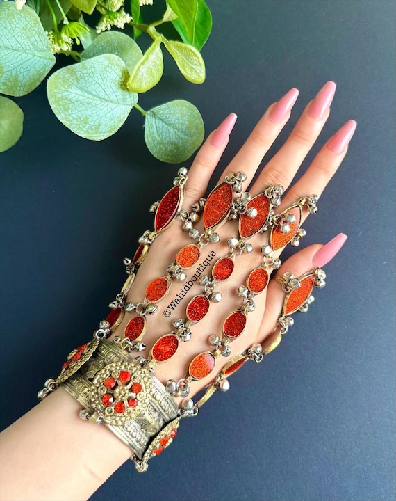 Afghan Handmade Orange Bangle Cuff Bracelet With Finger Rings