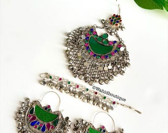 Afghan green vintage jewellery set (nose piercing not required), tikka, earrings, nose chain, kuchi jewellery, Afghan jewellery set