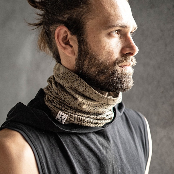 Men's Beige Neck Warmer - Geometric Neck Dust Protector - Burning Man Style - Tribal Look - Natural Fiber - Festival Accessories Neck Gaiter