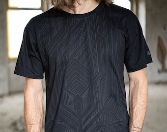 Camiseta geométrica negra para hombre - Camiseta de algodón - Camiseta Techno - Camiseta Street Wear - Camiseta de estilo urbano para hombre - Ropa de festival