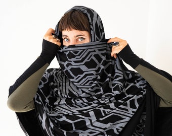 Châle cyber noir - camouflage ethnique tribal - écharpe alternative - mode festival - style bohème sombre - vêtements futuristes - vêtements durables