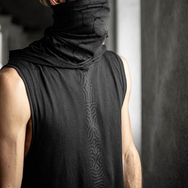 Débardeur noir à capuche pour homme - Débardeur à imprimé géométrique - T-shirt à capuche pour homme - Tenue de festival - Style streetwear urbain - Haut tribal