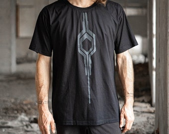 Camisa con estampado geométrico negro para hombre - Camiseta de festival - Ropa alternativa - Camisa urbana streetwear - Camiseta de algodón - Rave Party Wear