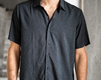 Men's Geometric Ecovero Shirt - Black Psychedelic Festival Outfit
