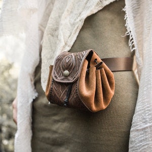 BROWNY MANDALA Bolsa de cuero con trabilla para cinturón, cartera de cuero, bolsa con cordón de cuero, bolso con cordón, embrague de cuero, traje hippie