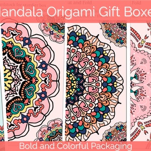 May include: Five colorful mandala designs for origami gift boxes. The designs feature pink, blue, yellow, green, and orange colors. The text "Mandala Origami Gift Boxes" and "Bold and Colorful Packaging" is at the top and bottom of the image.