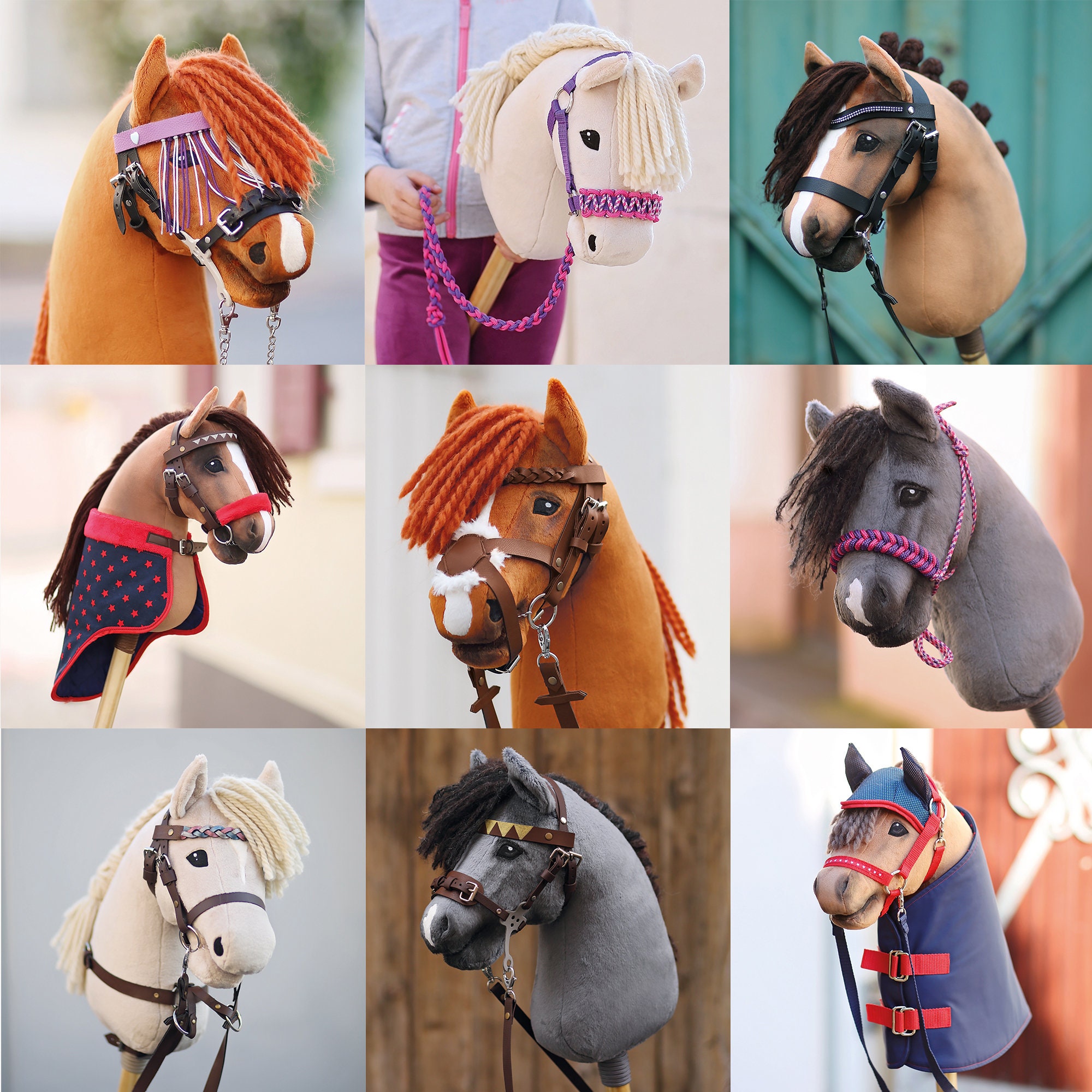 Skippi Set Hobby Horse Gris Con Cabestro Azul Claro | Incluye Caballo De Palo A3, 2 Cabestros, 2 Riendas Y 2 Protectores De Forro Polar | Hecho A Mano En Europa | Regalo Para Amantes De Caballos
