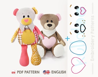Memory bear sewing pattern / teddy bear pattern "JOSHI" (PDF, in English) + face embroidery designs | Plushie sewing pattern | by kullaloo