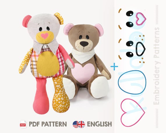 Memory bear sewing pattern / teddy bear pattern "JOSHI" (PDF, in English) + face embroidery designs | Plushie sewing pattern | by kullaloo