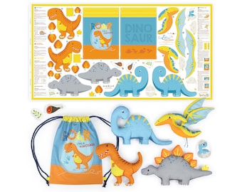 Cut and sew dinosaur fabric panel “DINO FRIENDS” | Fabric cut and sew panels, sewing kit for beginners, kids, boys, grandchild | by kullaloo