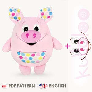 May include: Pink plush pig toy with a polka dot pattern on its ears and a colourful polka dot pocket on its belly. The toy comes with an embroidery pattern for the pig's face.