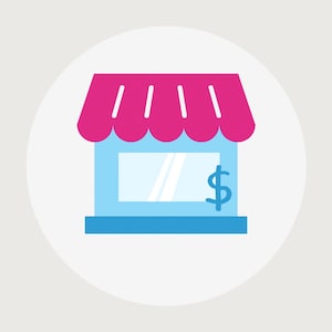 Puede incluir: Una tienda azul y rosa con un signo de dólar en la ventana. La tienda tiene un toldo rosa con rayas blancas.