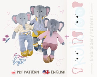 Elephant sewing pattern PDF with clothes + embroidery pattern | Dress Me Bestie EDDY | Elephant nursery or baby shower gift | by kullaloo