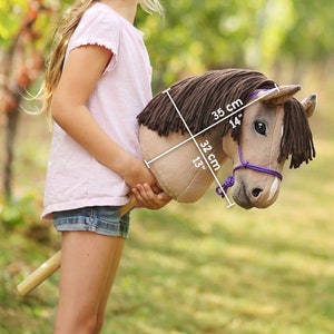 Pu&ograve; includere: Una testa di cavallo di peluche marrone e beige con un morsetto viola. La testa di cavallo misura 35 cm di lunghezza e 32 cm di altezza.