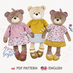 Teddy bear sewing pattern PDF with clothes | Dress Me Bestie BETSY | Sew a cute bear doll for nursery decor / baby shower gift | by kullaloo