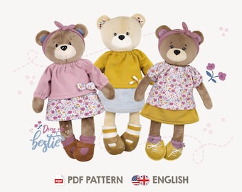 Teddy bear sewing pattern PDF with clothes | Dress Me Bestie BETSY | Sew a cute bear doll for nursery decor / baby shower gift | by kullaloo