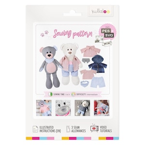 May include: A sewing pattern package featuring two plush teddy bears and various clothing options. The package includes illustrated instructions and video tutorials. The text "Sewing pattern" is displayed in pink, with the brand name "kullalo" at the top.