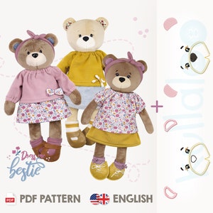 Teddy bear sewing pattern PDF with clothes | Dress Me Bestie BETSY | Sew a cute bear doll for nursery decor / baby shower gift | by kullaloo