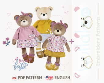 Teddy bear sewing pattern PDF with clothes | Dress Me Bestie BETSY | Sew a cute bear doll for nursery decor / baby shower gift | by kullaloo