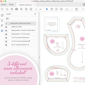May include: A digital sewing pattern for a teddy bear with three different seam allowances: 1/8 inch, 1/4 inch, and 3/8 inch. The pattern includes instructions for cutting out the fabric and sewing the pieces together. The pattern is designed for use with Adobe Acrobat.
