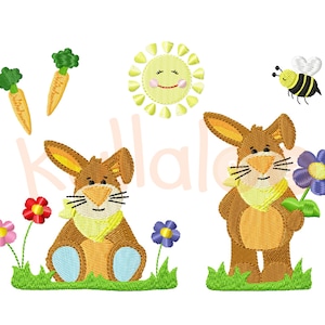 Lapin avec des fleurs en broderie set | Motifs de broderie 4x4 | Conception de broderie de lapin de Pâques en tant que fichier de broderie à la machine | par kullaloo