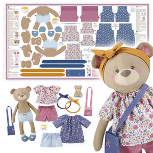 May include: A plush bear doll with a floral print shirt, pink pants, and a matching purse. The image also shows a sewing pattern with bear doll pieces, clothing, and accessories. The bear doll has a yellow headband.