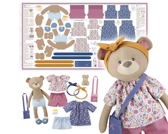 Teddy rag doll cut and sew fabric panel “Dress Me Bestie” BETSY BEAR | Fabric with cloth doll pattern for teddy bear + apparel | by kullaloo