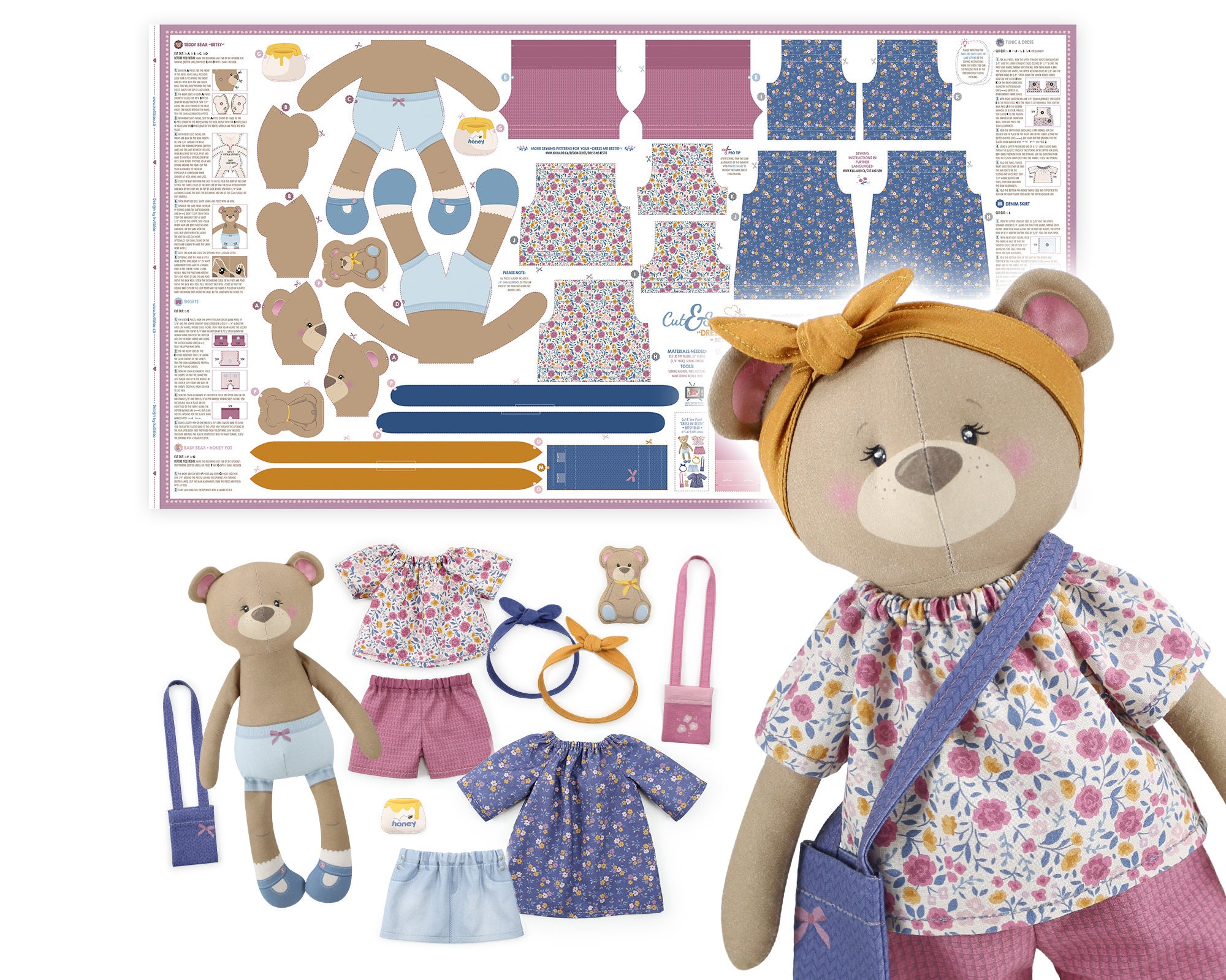 Teddy rag doll cut and sew fabric panel “Dress Me Bestie” BETSY BEAR | Fabric with cloth doll pattern for teddy bear + apparel | by kullaloo