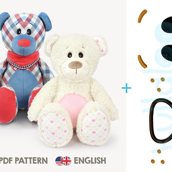 Memory bear sewing pattern / teddy bear pattern "JOSHI" (PDF, in English) + face embroidery designs | Plushie sewing pattern | by kullaloo