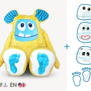 May include: A yellow plush monster toy with blue ears and feet. The monster has a blue face with a big smile and two white teeth. The toy comes with three different face embroidery patterns and two foot embroidery patterns.