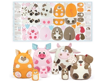 Cut and sew fabric panel “HAPPY FARM” | Easy stuffed animal patterns for beginners with sheep, pig, cat & dog with babies | by kullaloo