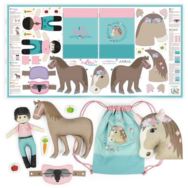 Sewing kit for kids beginners: Cut and sew fabric panel horses “HORSE LOVE” | DIY craft beginner sewing kits for teens, girls | by kullaloo