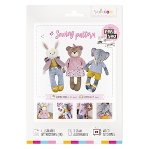 Printed Animal Rag Doll Sewing Pattern, Bunny, Bear, Elephant (Paper Pattern)