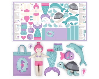 Cut and sew panel mermaid “UNDERWATER TALES” | Sewing kit for kids with beginner sewing patterns, cotton fabric for Girls Boys | by kullaloo