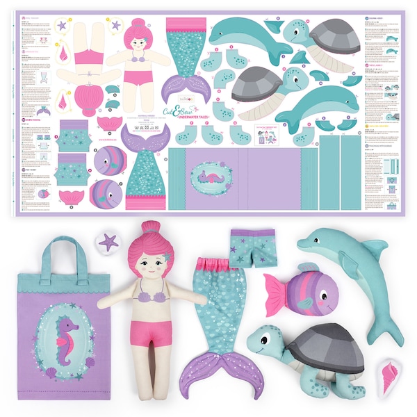Cut and sew panel mermaid “UNDERWATER TALES” | Sewing kit for kids with beginner sewing patterns, cotton fabric for Girls Boys | by kullaloo