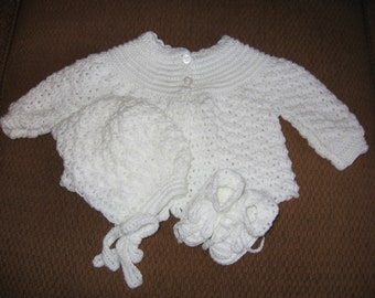 New Handmade Crocheted Baby Sweater, Bonnet and Booties Set
