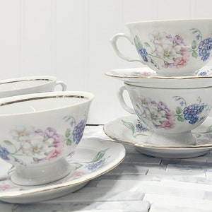 Vintage Walbrzych Teacup and Saucers, Rare Poland China set of 4 pink purple gold BRIDESMAID GIFTS Porcelain Tea Cups